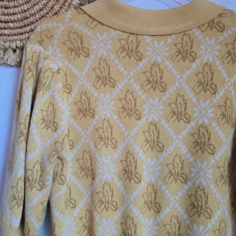 Simply Retro New Yellow Argyle Floral Wool Blend Collared Sweater Polo SZ Large